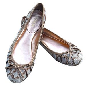 Coach Landon Round Toe Ballet Flat Cream/Gold Fabric Trimmed in Gold Leather 6B